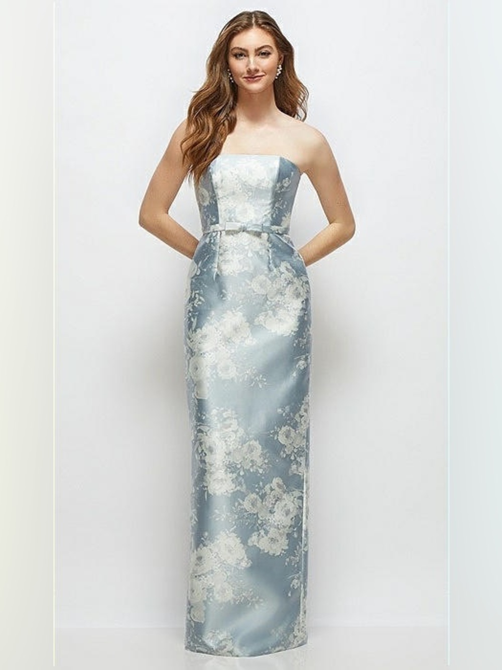 Alfred Sung 6 STRAPLESS SATIN COLUMN DRESS IN PORCELAIN BLUE SERAPHINA FLORAL